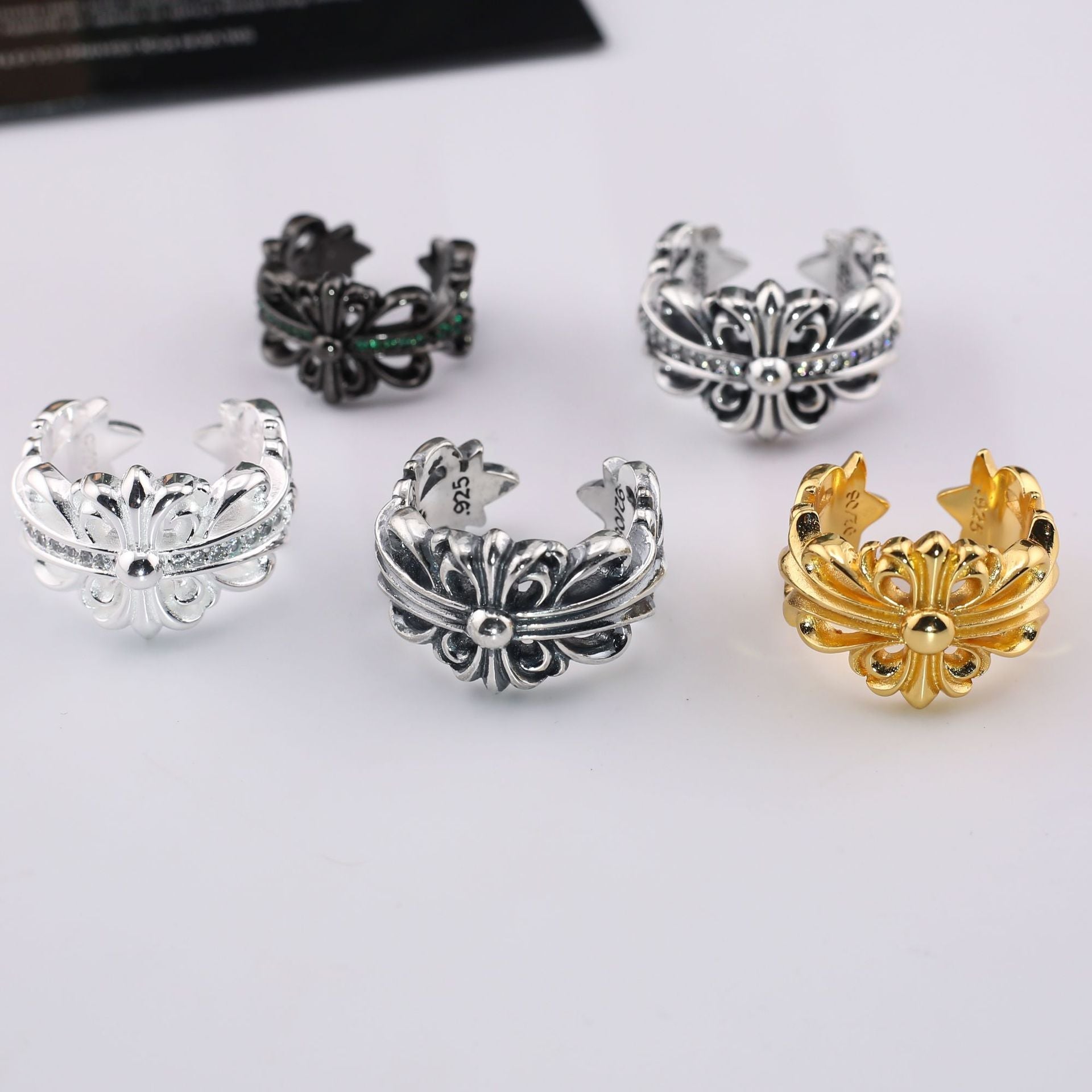 chrome hearts multi-color cross open sterling silver ring