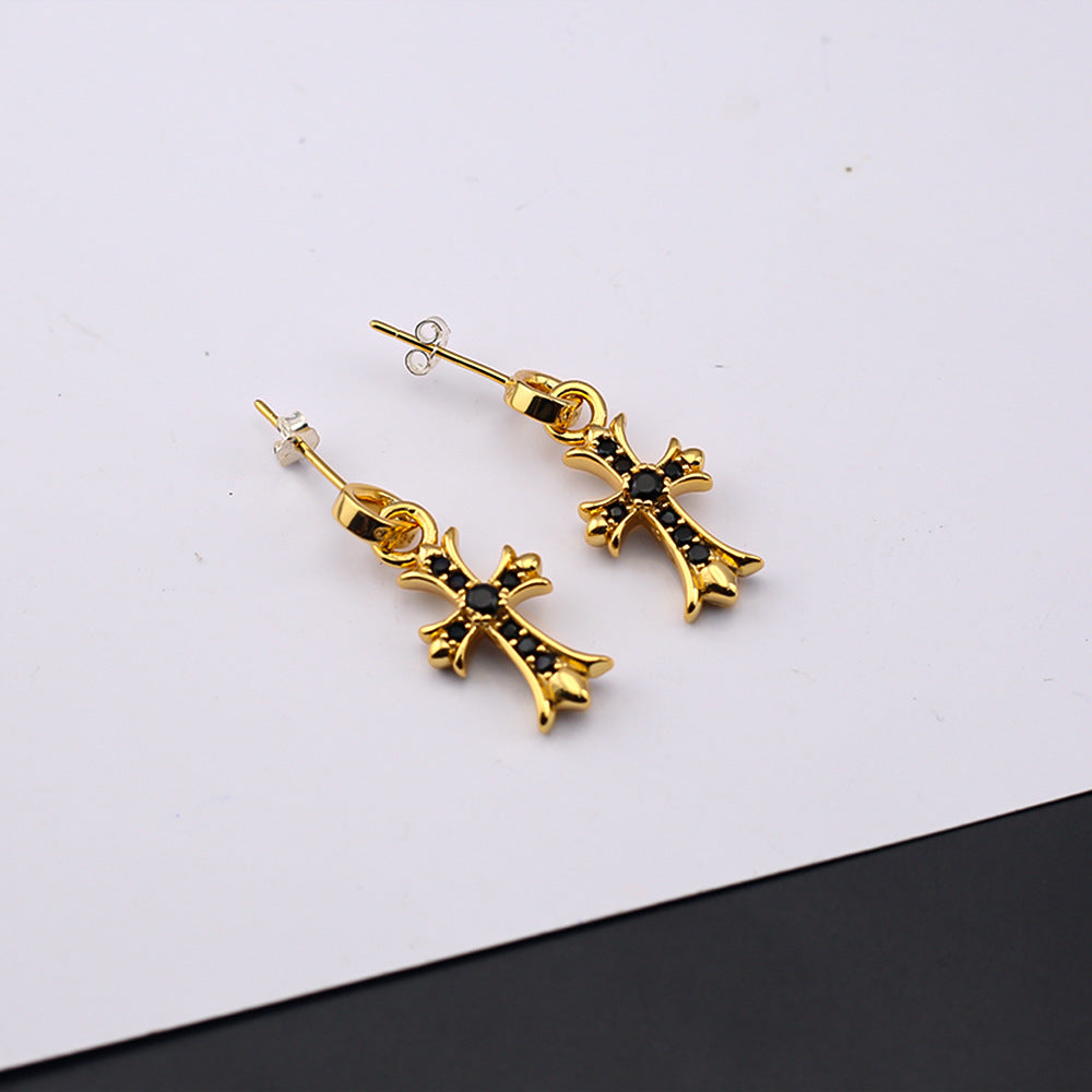 Chrome Hearts 24k gold cross diamond earrings