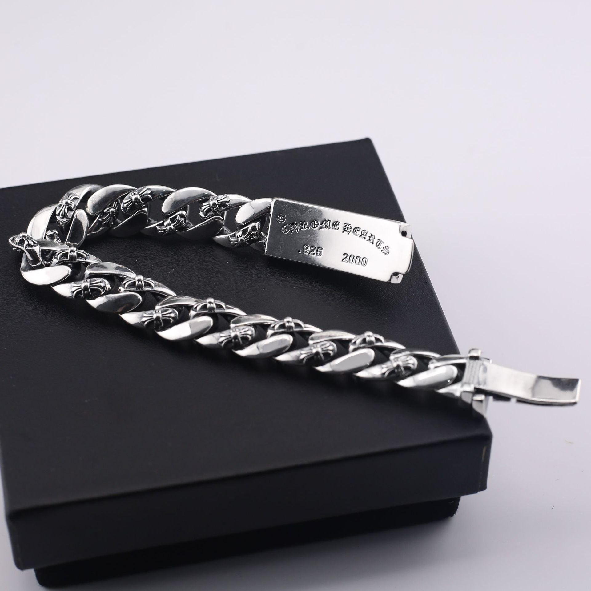 chrome hearts 925 Sterling silver Floral Cross Diamond ID Bracelet